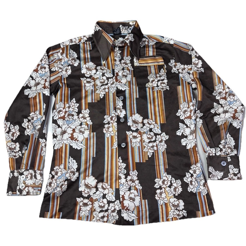 Vtg 70s Joel California 100% Polyester Disco‎ Shirt Mens Sz M Stripes&flowers